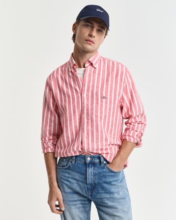 GANT Herren Regular Fit Hemd mit Streifen aus Baumwolle und Leinen (L) Rot