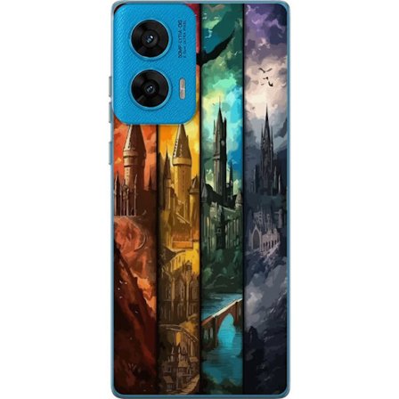 Kompatibel Mobilcover til Motorola Motorola G96 Fire magiske slotte i forskellige elementfarver, episk fantasykunst med ild vand luft og mørke i deta