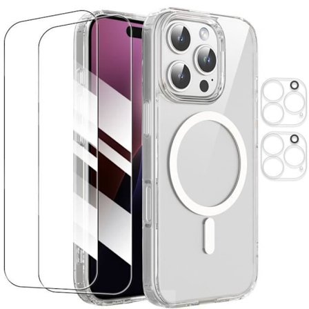 Etui til iPhone 16 Pro med magnetisk cirkel + 2 hærdede glas og 2 bagkamera beskyttere