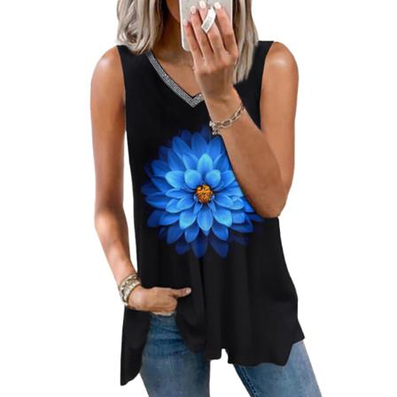 Print Med V-ringad Ärmlös T-shirt Med Blommönster Sommar C