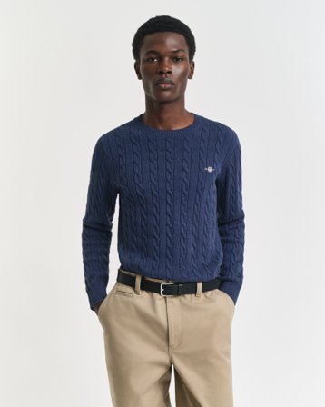 GANT Herren Zopfstrick Rundhalspullover aus Baumwolle (M) Blau