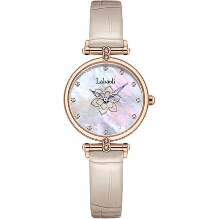Damklocka Analog Kvarts Vattentät Klocka Kvinnor Elegant Diamant Armbandsur Morpärle Urtavla Blomma Läderrem Klocka, Aprikos, L