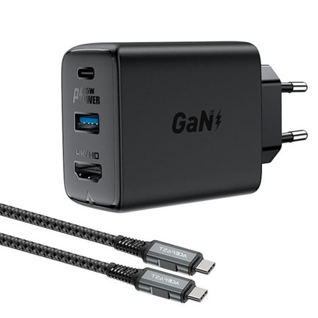Acefast 2in1 Väggladdare 65W USB-A till USB-C till HDMI till USB-C Kabel - Svart