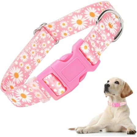 Jentehundhalsbånd med tusenfryd-mønster, søt rosa hundhalsbånd for valp, justerbart mykt og holdbart kjæledyrhalsbånd for XS små mellomstore store 