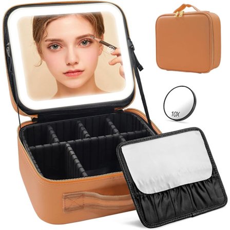 Sminkväska med Spegel och Ljus, 3 Färgers Justerbar Ljusstyrka, 10x förstoringsglas, USB-laddning & 2000mah batterikapacitet, (Brun)