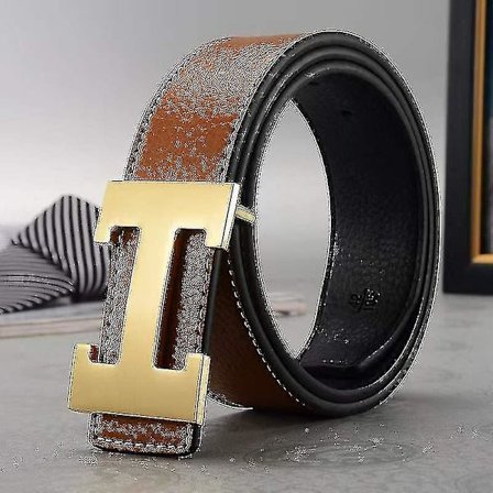 Ny Stil Business Fritid Ægte Pu Læder H Glat Spænde Litchi Korn Bælte Til Mænd V (FMY)