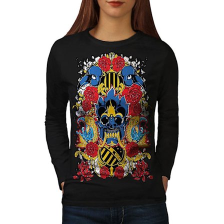 Konst ansikte huvud mode kvinnor svart långärmad T-shirt