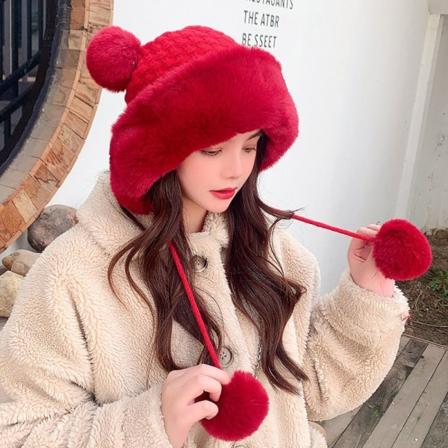 Fuskepelsbeanies Lue Strikket Cap RØD red