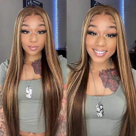 Wear & Go -liimaton peruukki, ruskeat raidat, silkkisen suora, valmiiksi nypitty