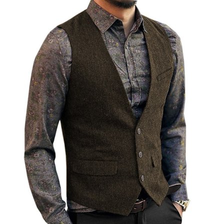 Mænds Herringbone Tweed Ulddragtvest Enkeltbrystet Slank Pasform Vest