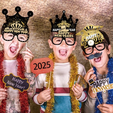 12 stk Nyttårs Fotorekvisitter Happy New Year Briller og Hatt 2025 Festbriller og Hatt Morsomme Solbriller Nyttårsfest