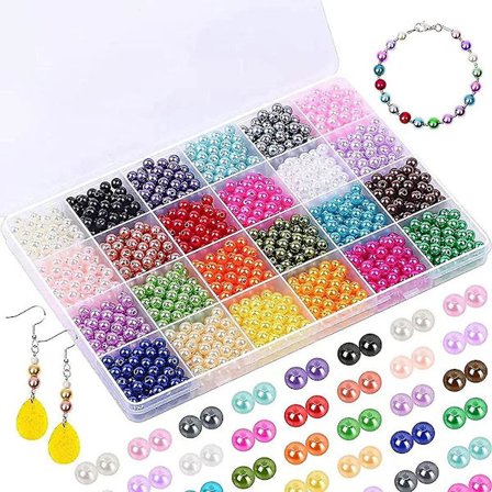 1680 stk Runde Perler med 6mm Huller 24 Fargede Perler med Oppbevaringsboks