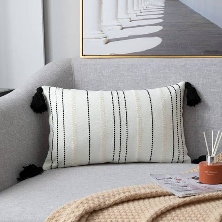 IC Boho Stripe Dekorativt Örngott med Tofsar Naturlig Bomull Vävd Case för Bäddsoffa (Svart, 12"x20")