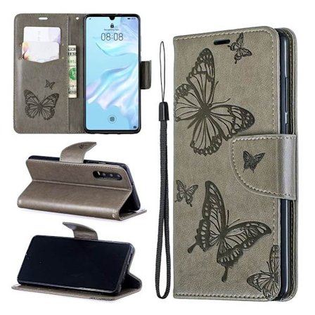 Butterfly läder Huawei P30 fodral - Silver/Grå