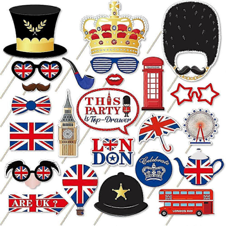 25 stk. Fotorekvisitter til Britisk Nationalferie, til Britisk Union Jack Party Dekorationer Fotoboksrekvisit til Kong Charles III's Kroningsevent O