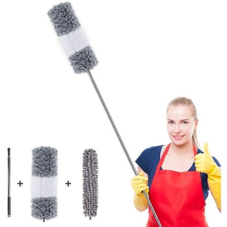 Sulkamainen pölyhuiska teleskooppisarja, jossa 2 päätä mikrokuitupölymoppi pestävä, pitkä ruostumattomasta teräksestä valmistettu teleskooppivarsi 45-