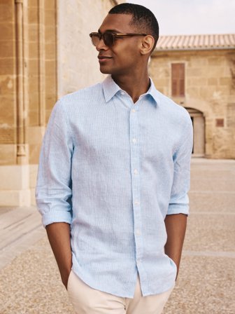 John Henric Men's Blå Stribet Casual Fit Linskjorte Size M