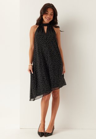 Bubbleroom - Tie Reversible Short Mesh Dress - Black/Dotted - Kläder
