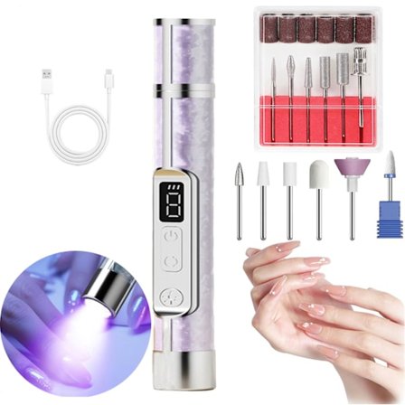 2-i-1 Genopladelig Bærbar Elektrisk Neglefil med 18 Tilbehør & Neglelampe til Negle, 3 Hastighedsindstillinger, Lavt Støjniveau, til Manicure og 