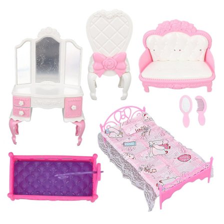 Sovrumsset till dockhus med säng, sminkbord, soffa och pall för möbler i skala 1/12