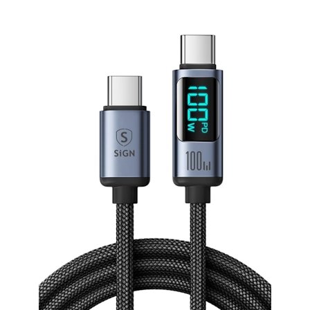 SiGN USB-C till USB-C Kabel 100W med Display, 1.2m - Svart