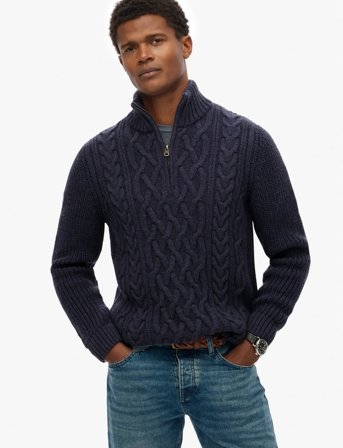 Superdry Jacob Cable Knit Half Zip - Navy - XL