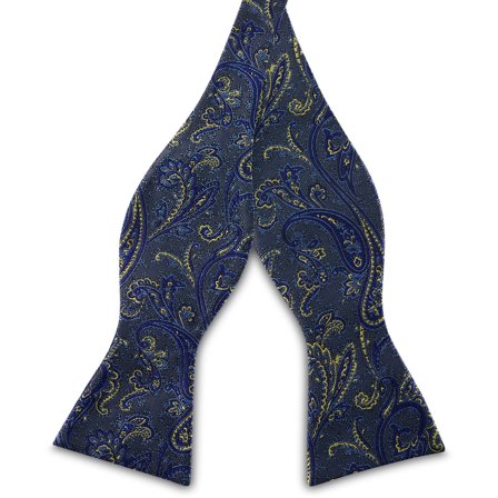Zijden zelfbinder vlinderdas met lichtblauw en goud paisleymotief voor mannen - Zelfbinder vlinderdassen