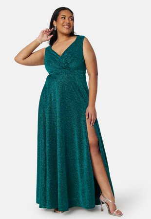 Goddiva Curve - Glitter Wrap Front Maxi Curve Dress With Split - Emerald - Kläder - - Bubbleroom Omlottklänning