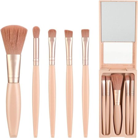 Rejse Makeupbørstesæt 5 stk Mini Makeupbørster Professionelle Kosmetiske Værktøjer med Etui Spejl (Abrikos)