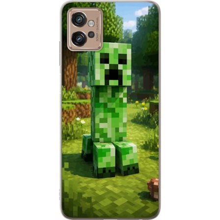 Kompatibelt Mobilskal till Motorola Motorola Moto G32 Block-baserad Creeper-figur i en grön pixell värld, ikonisk spelillustration för barnrum, gam