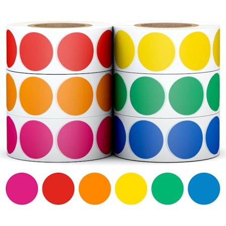3000 st 3/4" runda färgkodade cirkelprickklistermärken, 6 färger inklusive ljusgul, grön, röd, rosa, orange och blå (500 etiketter/rulle)