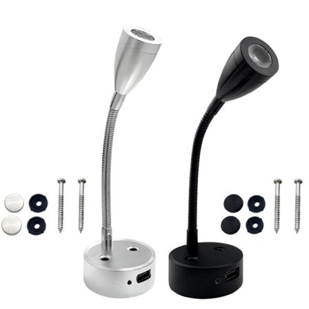 12V läslampa med USB-laddningsport, 1 st RV-belysning silver