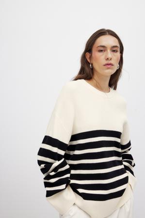 NA-KD Pull à col rond en maille rayée - Pull à Rayures - OffBlanc,Stripe - XL (EU 46)
