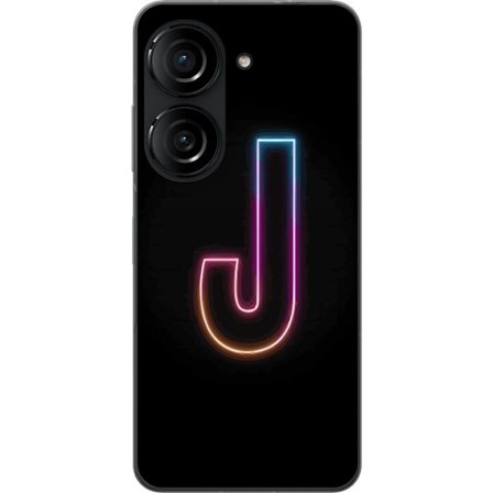 Yhteensopiva Puhelinkuori Asus Asus Zenfone 10 Minimaalinen neonkirjain J värien vaihtuessa valossa mustaa taustaa vasten