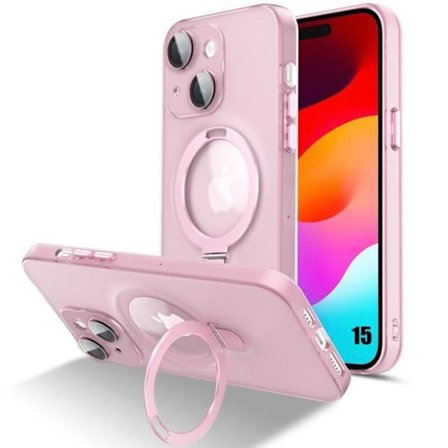 Cover til iPhone 15, stødsikker hård med justerbar magnetisk ringholder og kamerabeskyttelse - gennemsigtig pink