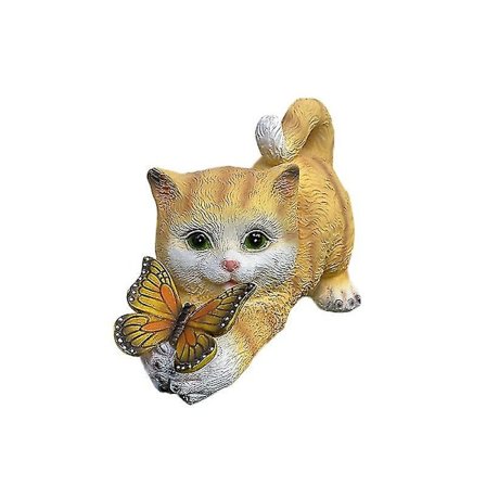 Solcelled Hagefigur Katt Nattbelysning Søt Og Morsom Harpiks Katt Holder Sommerfugl