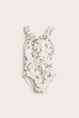 Newbie | Jordgubbsmönstrad baddräkt med volang | Offwhite