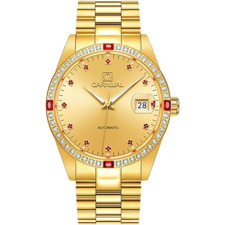 Herr Analog Automatisk Mekanisk Klocka Lysande Kalender Rostfritt Stål Armband Diamant 18K Guld Klocka