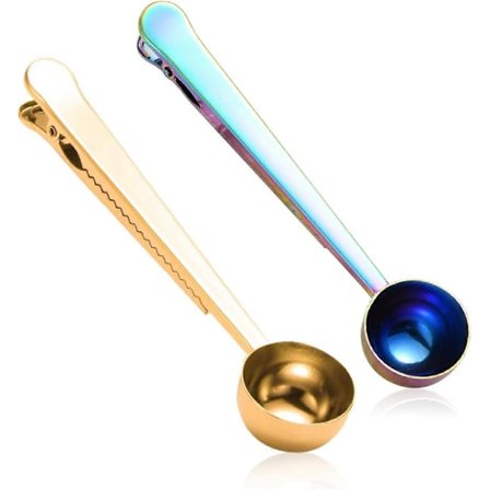 2-i-1 Kaffemåleskje i rustfritt stål med poseklype, kaffeskje måling, kaffeforsegler malt kaffe