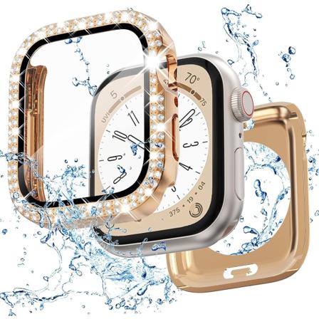 2 i 1 Bling Vattentätt Fodral för iWatch Serie 6 Rose Gold(Waterproof Double Diamonds 44mm