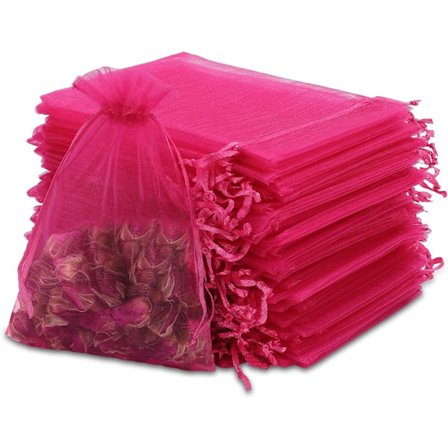 100 STK Små Mesh Poser med Snøre 7x9cm, Gennemsigtige Organza Poser med Snøre til Smykker, Mesh Fest Bryllupsgaveposer (Hot Pink)