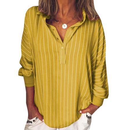 Dam Stripe Toppar Långärmad Batwing Ärmar Lapel Neck Blus