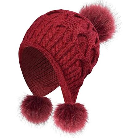 Kvinder Strikket Hue Vinter Varm Hue Hat med Pom Pom Bobble Hat Style med Vindtætte Øreklapper (Rød)