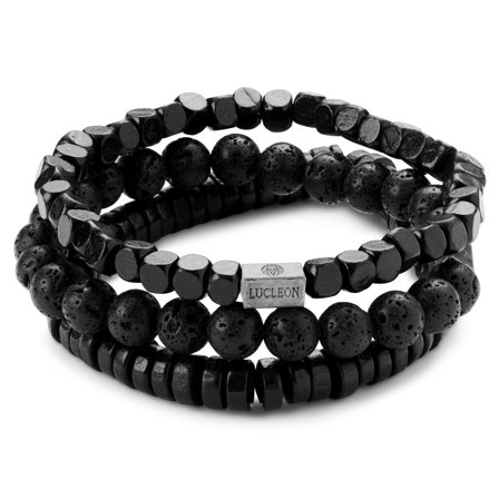 Armbandenset van Zwarte Lavasteen en Houten Kralen voor mannen - Kralenarmbanden