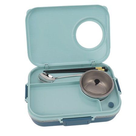 Blå 304 Rustfrit Stål Madkasse med 4 Rum 1200ml Isoleret Suppeskål Låg Ske Spisepinde til Studerende og Kontoransatte