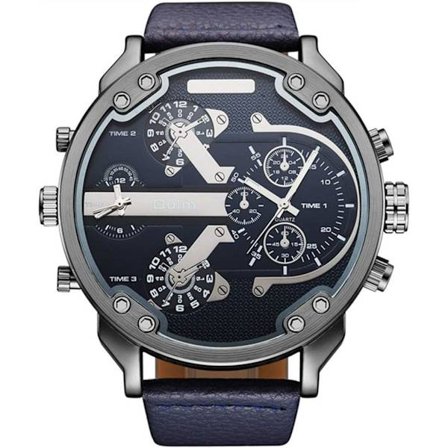 Dual Time Zone Japan Quartz Urverk Mörkblå Urtavla Herrarmbandsur Läderband Relogios Masculino