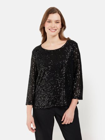 SIGNATURE - 3/4 Ærmet Bluse - Sort - Pailletter