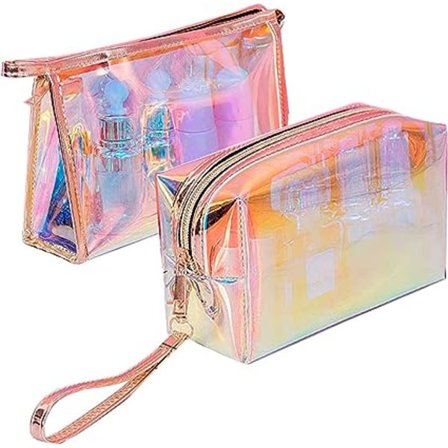 Laser illusjon toalettveske, 2 toalettvesker for kvinner, gjennomsiktig bærbar myk TPU reisetoalettveske