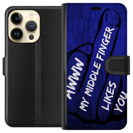 Kompatibelt Lommeboketui til Apple iPhone 15 Pro Mørk typografisk illustrasjon med hjerteform og budskap om vennskap mot dyp blå tretekstur