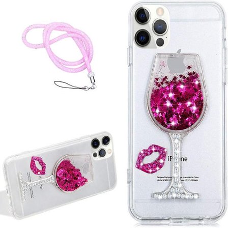 Flytande Glitterfodral för iPhone 16 Pro 6.3 ", 3D Vinglas Design Bling Diamant Glittrande Flytande Paljetter C